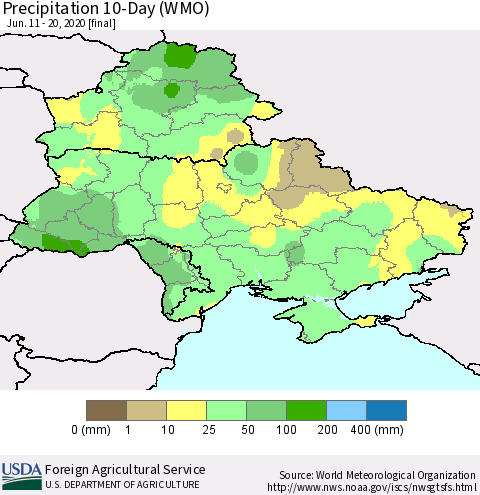Ukraine, Moldova and Belarus Precipitation 10-Day (WMO) Thematic Map For 6/11/2020 - 6/20/2020
