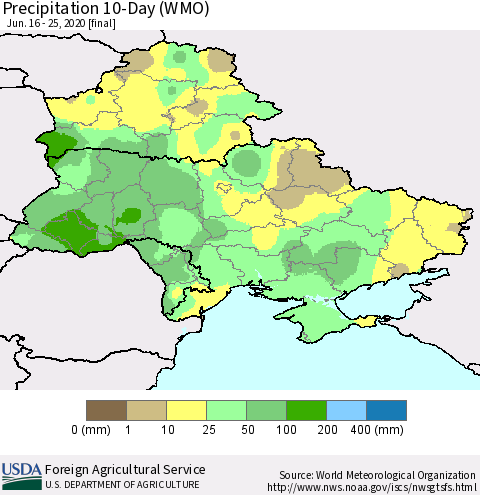 Ukraine, Moldova and Belarus Precipitation 10-Day (WMO) Thematic Map For 6/16/2020 - 6/25/2020
