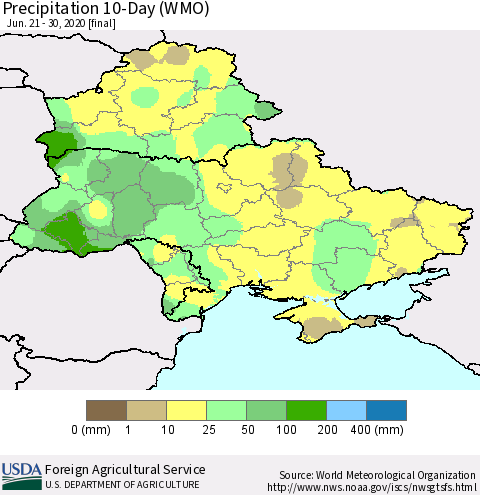 Ukraine, Moldova and Belarus Precipitation 10-Day (WMO) Thematic Map For 6/21/2020 - 6/30/2020