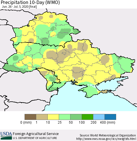 Ukraine, Moldova and Belarus Precipitation 10-Day (WMO) Thematic Map For 6/26/2020 - 7/5/2020