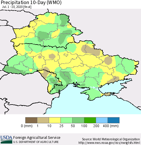 Ukraine, Moldova and Belarus Precipitation 10-Day (WMO) Thematic Map For 7/1/2020 - 7/10/2020