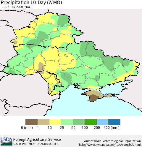 Ukraine, Moldova and Belarus Precipitation 10-Day (WMO) Thematic Map For 7/6/2020 - 7/15/2020