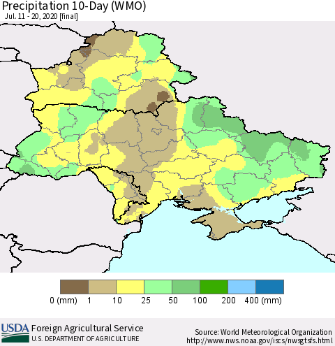 Ukraine, Moldova and Belarus Precipitation 10-Day (WMO) Thematic Map For 7/11/2020 - 7/20/2020