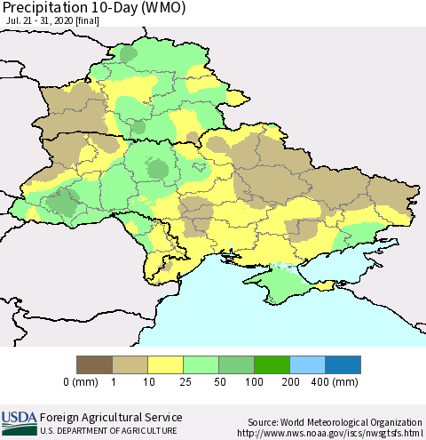 Ukraine, Moldova and Belarus Precipitation 10-Day (WMO) Thematic Map For 7/21/2020 - 7/31/2020