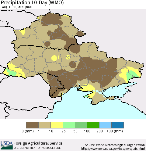 Ukraine, Moldova and Belarus Precipitation 10-Day (WMO) Thematic Map For 8/1/2020 - 8/10/2020