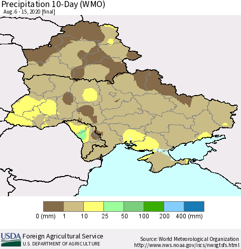 Ukraine, Moldova and Belarus Precipitation 10-Day (WMO) Thematic Map For 8/6/2020 - 8/15/2020