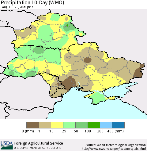 Ukraine, Moldova and Belarus Precipitation 10-Day (WMO) Thematic Map For 8/16/2020 - 8/25/2020