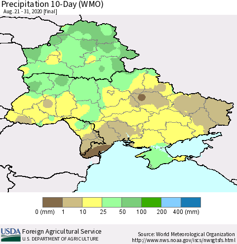 Ukraine, Moldova and Belarus Precipitation 10-Day (WMO) Thematic Map For 8/21/2020 - 8/31/2020
