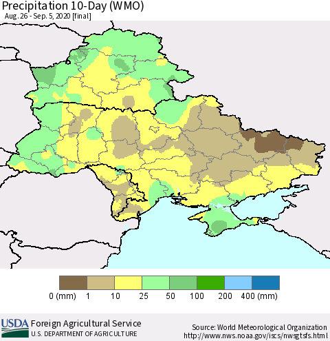 Ukraine, Moldova and Belarus Precipitation 10-Day (WMO) Thematic Map For 8/26/2020 - 9/5/2020