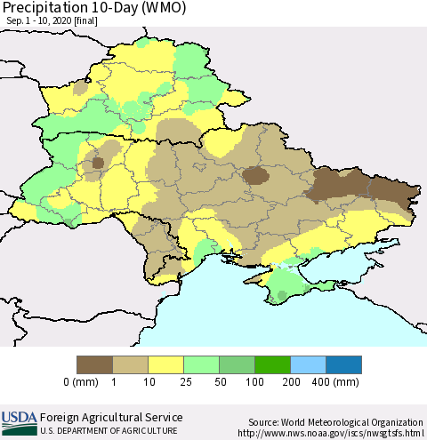 Ukraine, Moldova and Belarus Precipitation 10-Day (WMO) Thematic Map For 9/1/2020 - 9/10/2020