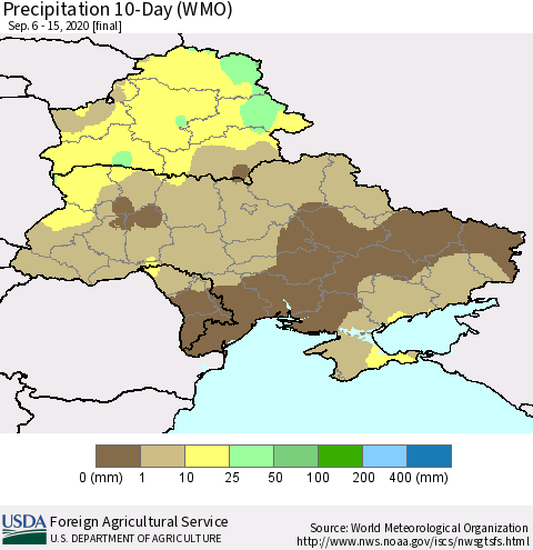 Ukraine, Moldova and Belarus Precipitation 10-Day (WMO) Thematic Map For 9/6/2020 - 9/15/2020