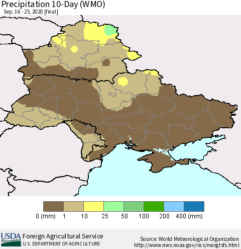 Ukraine, Moldova and Belarus Precipitation 10-Day (WMO) Thematic Map For 9/16/2020 - 9/25/2020