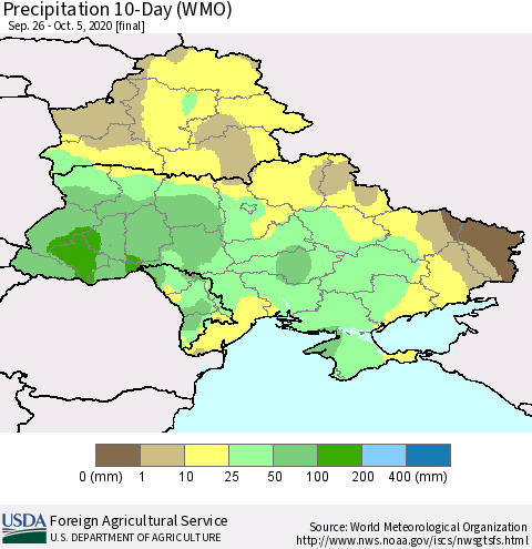 Ukraine, Moldova and Belarus Precipitation 10-Day (WMO) Thematic Map For 9/26/2020 - 10/5/2020
