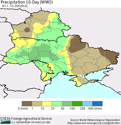 Ukraine, Moldova and Belarus Precipitation 10-Day (WMO) Thematic Map For 10/1/2020 - 10/10/2020