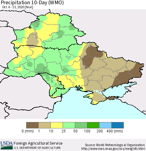 Ukraine, Moldova and Belarus Precipitation 10-Day (WMO) Thematic Map For 10/6/2020 - 10/15/2020