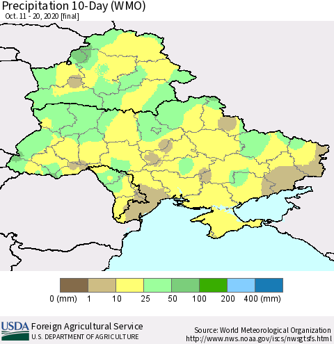Ukraine, Moldova and Belarus Precipitation 10-Day (WMO) Thematic Map For 10/11/2020 - 10/20/2020