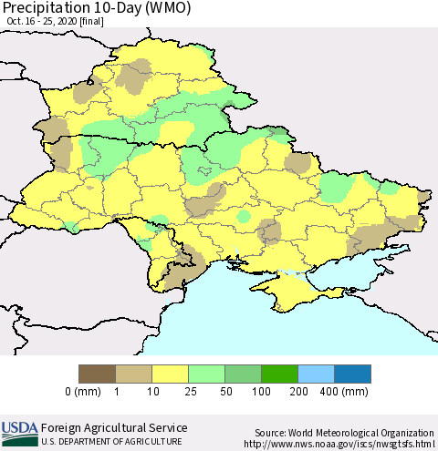 Ukraine, Moldova and Belarus Precipitation 10-Day (WMO) Thematic Map For 10/16/2020 - 10/25/2020