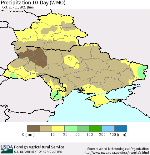 Ukraine, Moldova and Belarus Precipitation 10-Day (WMO) Thematic Map For 10/21/2020 - 10/31/2020