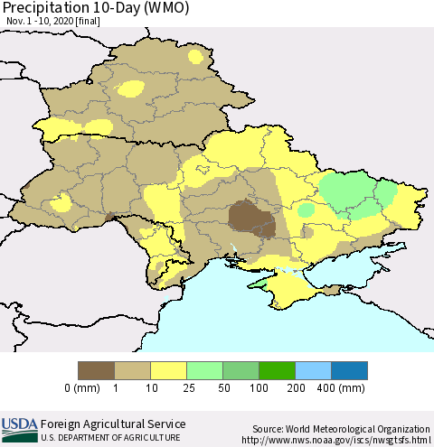 Ukraine, Moldova and Belarus Precipitation 10-Day (WMO) Thematic Map For 11/1/2020 - 11/10/2020