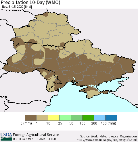 Ukraine, Moldova and Belarus Precipitation 10-Day (WMO) Thematic Map For 11/6/2020 - 11/15/2020