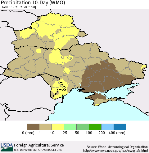 Ukraine, Moldova and Belarus Precipitation 10-Day (WMO) Thematic Map For 11/11/2020 - 11/20/2020