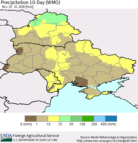 Ukraine, Moldova and Belarus Precipitation 10-Day (WMO) Thematic Map For 11/16/2020 - 11/25/2020
