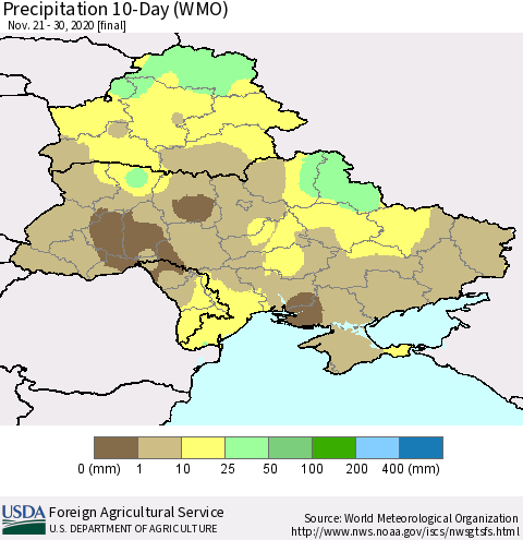 Ukraine, Moldova and Belarus Precipitation 10-Day (WMO) Thematic Map For 11/21/2020 - 11/30/2020