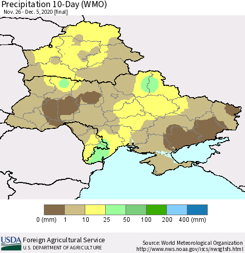 Ukraine, Moldova and Belarus Precipitation 10-Day (WMO) Thematic Map For 11/26/2020 - 12/5/2020