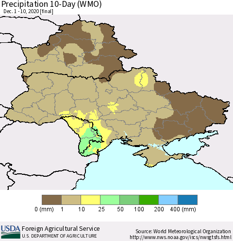 Ukraine, Moldova and Belarus Precipitation 10-Day (WMO) Thematic Map For 12/1/2020 - 12/10/2020
