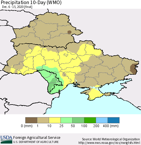 Ukraine, Moldova and Belarus Precipitation 10-Day (WMO) Thematic Map For 12/6/2020 - 12/15/2020