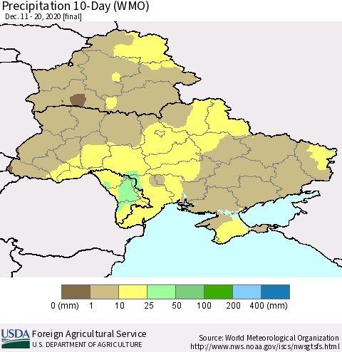 Ukraine, Moldova and Belarus Precipitation 10-Day (WMO) Thematic Map For 12/11/2020 - 12/20/2020