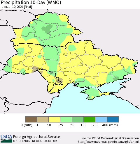 Ukraine, Moldova and Belarus Precipitation 10-Day (WMO) Thematic Map For 1/1/2021 - 1/10/2021