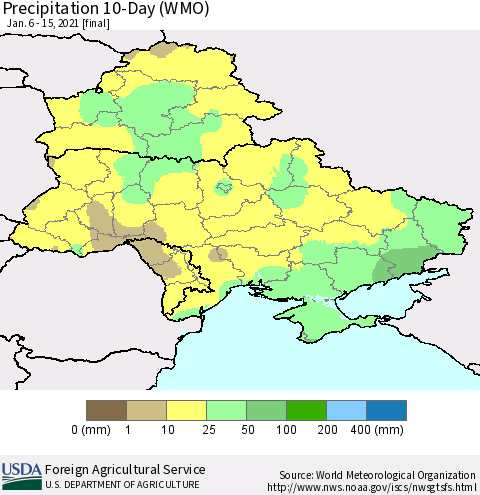 Ukraine, Moldova and Belarus Precipitation 10-Day (WMO) Thematic Map For 1/6/2021 - 1/15/2021