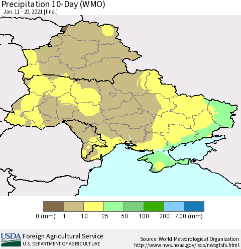 Ukraine, Moldova and Belarus Precipitation 10-Day (WMO) Thematic Map For 1/11/2021 - 1/20/2021