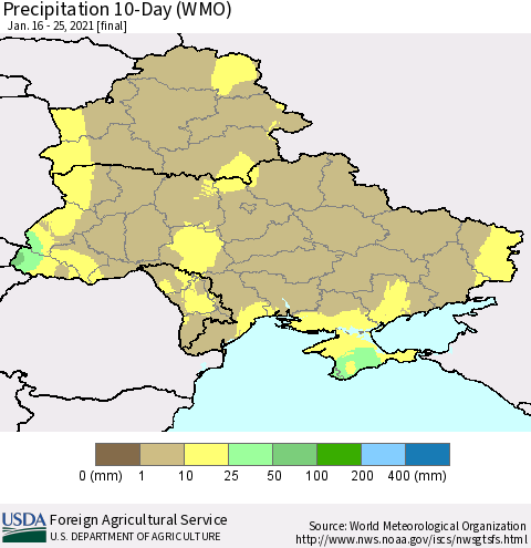 Ukraine, Moldova and Belarus Precipitation 10-Day (WMO) Thematic Map For 1/16/2021 - 1/25/2021