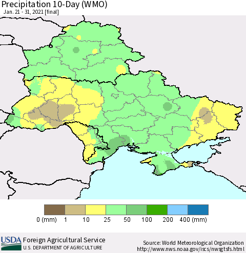 Ukraine, Moldova and Belarus Precipitation 10-Day (WMO) Thematic Map For 1/21/2021 - 1/31/2021