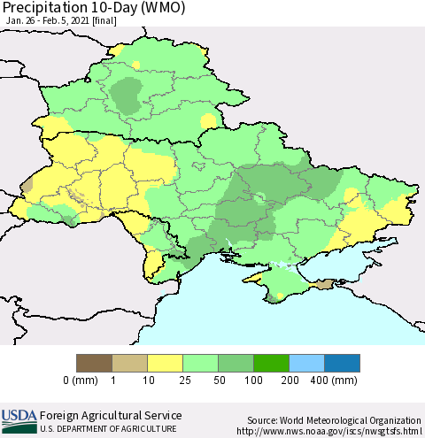 Ukraine, Moldova and Belarus Precipitation 10-Day (WMO) Thematic Map For 1/26/2021 - 2/5/2021