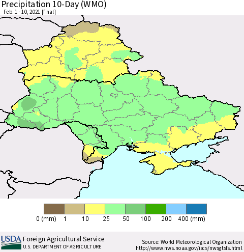 Ukraine, Moldova and Belarus Precipitation 10-Day (WMO) Thematic Map For 2/1/2021 - 2/10/2021