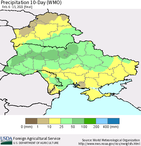 Ukraine, Moldova and Belarus Precipitation 10-Day (WMO) Thematic Map For 2/6/2021 - 2/15/2021