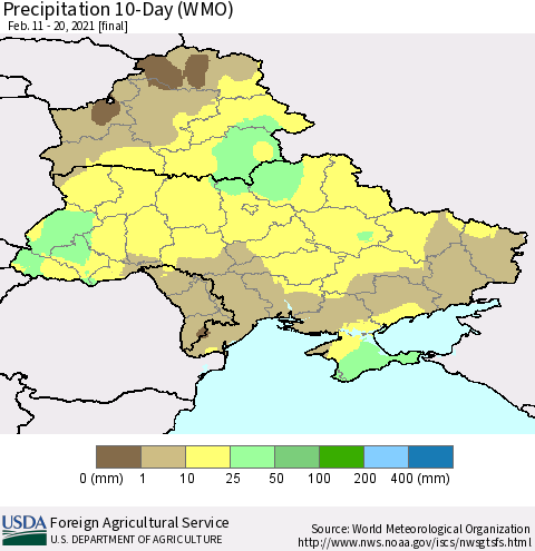 Ukraine, Moldova and Belarus Precipitation 10-Day (WMO) Thematic Map For 2/11/2021 - 2/20/2021