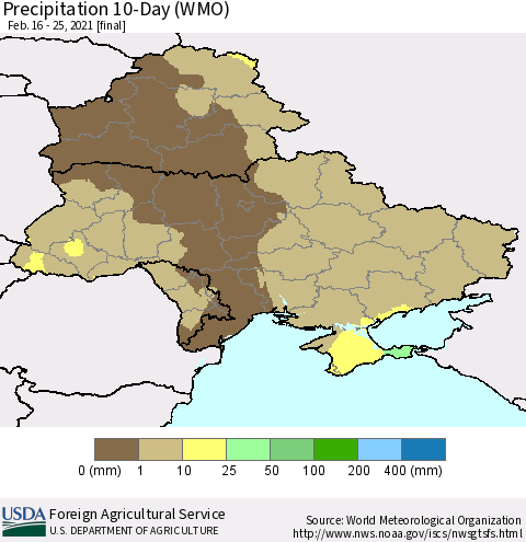 Ukraine, Moldova and Belarus Precipitation 10-Day (WMO) Thematic Map For 2/16/2021 - 2/25/2021