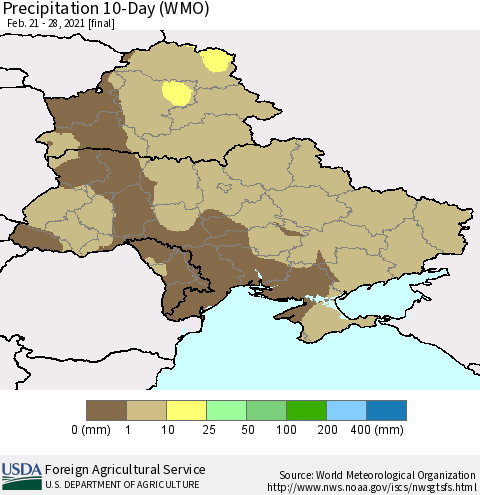 Ukraine, Moldova and Belarus Precipitation 10-Day (WMO) Thematic Map For 2/21/2021 - 2/28/2021