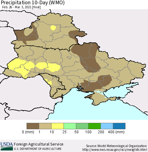 Ukraine, Moldova and Belarus Precipitation 10-Day (WMO) Thematic Map For 2/26/2021 - 3/5/2021