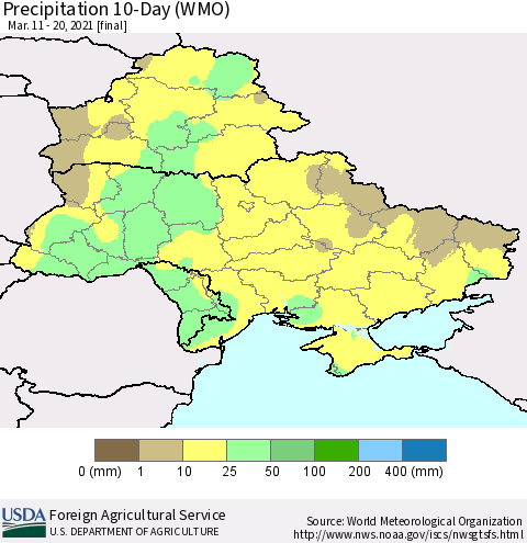 Ukraine, Moldova and Belarus Precipitation 10-Day (WMO) Thematic Map For 3/11/2021 - 3/20/2021