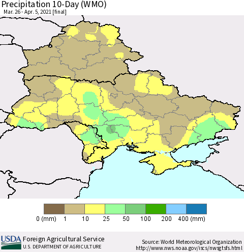 Ukraine, Moldova and Belarus Precipitation 10-Day (WMO) Thematic Map For 3/26/2021 - 4/5/2021