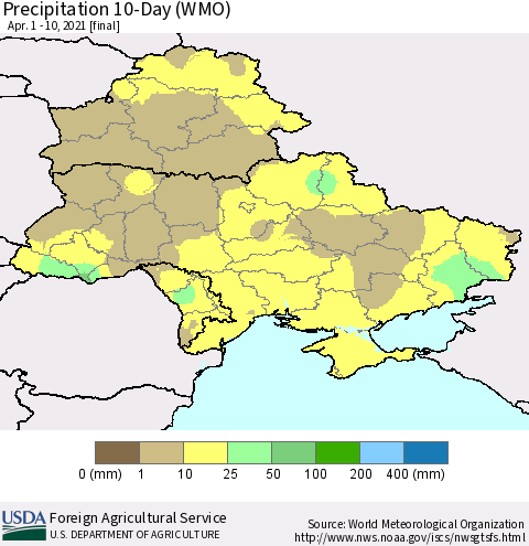 Ukraine, Moldova and Belarus Precipitation 10-Day (WMO) Thematic Map For 4/1/2021 - 4/10/2021