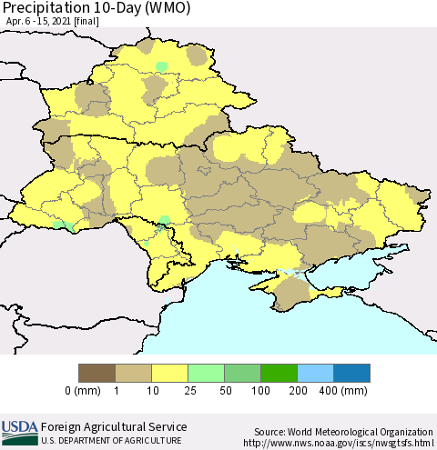 Ukraine, Moldova and Belarus Precipitation 10-Day (WMO) Thematic Map For 4/6/2021 - 4/15/2021