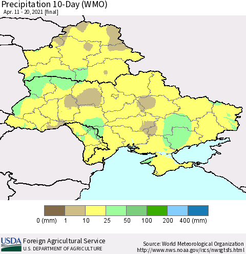 Ukraine, Moldova and Belarus Precipitation 10-Day (WMO) Thematic Map For 4/11/2021 - 4/20/2021