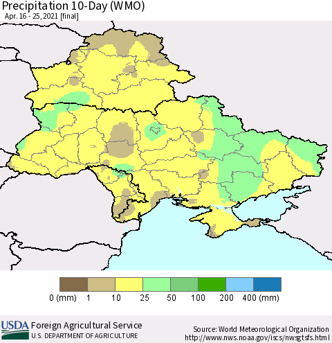 Ukraine, Moldova and Belarus Precipitation 10-Day (WMO) Thematic Map For 4/16/2021 - 4/25/2021