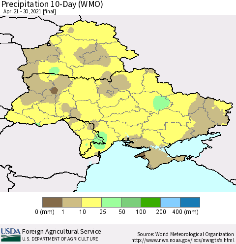 Ukraine, Moldova and Belarus Precipitation 10-Day (WMO) Thematic Map For 4/21/2021 - 4/30/2021
